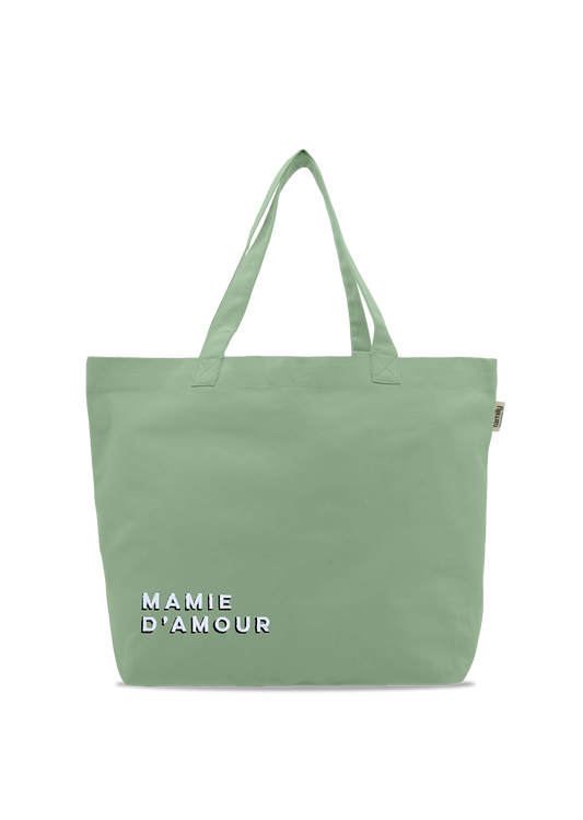 Sac shopping brodé MAMIE D’AMOUR vert d'eau